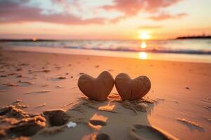 ai generado corazones forma en el arena a el playa de puesta de sol calentar ligero. foto