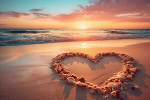 ai generado corazones forma en el arena a el playa de puesta de sol calentar ligero. foto