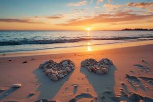 ai generado corazones forma en el arena a el playa de puesta de sol calentar ligero. foto