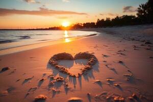 ai generado corazones forma en el arena a el playa de puesta de sol calentar ligero. foto