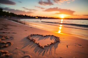 AI generated Hearts shape in the sand at the beach of sunset warm light. photo