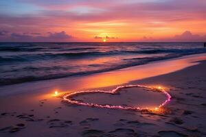 ai generado corazones forma en el arena a el playa de puesta de sol calentar ligero. foto