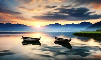 AI generated beautiful photograph of a small lake with a focus on a wooden rowboat and amazing clouds in the sky photo