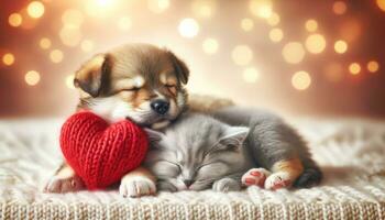 AI generated Puppy and Kitten Embrace A Heartwarming Snuggle photo