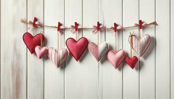 ai generado colgando corazones hecho a mano San Valentín día decoración foto