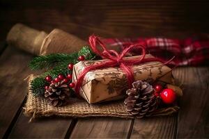 AI generated christmas gift box and decorations on a old wooden background. Neural network AI generated photo