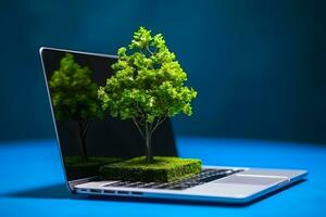 AI generated A tree grows from a laptop. Green information technology. Neural network AI generated photo