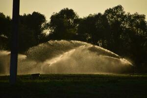 Irrigation system in field of melons. Watering the fields. Sprinkler photo