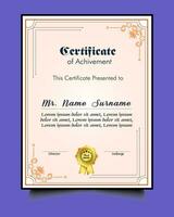 certificado de logro modelo conjunto con oro Insignia y borde, apreciación y logro certificado modelo diseño. elegante diploma certificado modelo vector