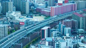 A timelapse of traffic jam on the highway in Osaka by high angle view panning video