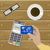 pago nfc sin contacto, sin efectivo transacción vector. pagar utilizar crédito tarjeta rfid, ilustración bancario electrónico Terminal, pos dispositivo para pago aceptación vector