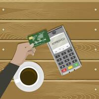 Modern kind pay card without contact. Vector terminal get verification card when passing payment illustration