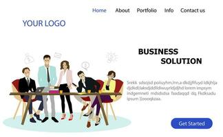 Business solution service landing page. Business solution website, marketing and development, confident people solve company problem illlustration vector