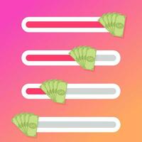 Interface slider button with fan money cash, bill note green. Vector amount wage indicator for use interface illustration. Switch message in social network illustration