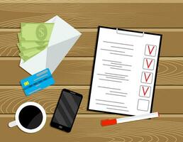 Planning payroll, work place with banknotes and to do list. Vector paycheck and profit, payday top view, compensation or reward illustration