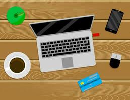 Freelancer work place top view. Vector table with notebook, cup of coffee and smartphone illustration