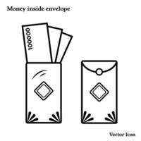 Money inside envelope opened and closed vector icon illustration set collection outline isolated on plain white background. Lunar chinese new year themed drawing.