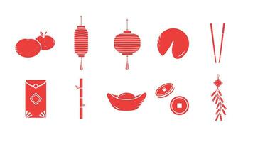 Chinese lunar new year decoration asset vector illustration icon set collection red silhouette shadow isolated on plain horizontal white background. Gong xi fa cai cartoon art styled drawing.