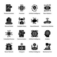 Artificial Intelligence and VR Glyph Vector Icons Set