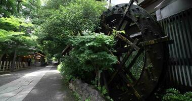 een historisch houten wiel Aan de water oppervlakte in tokyo breed schot video