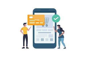 Man making contactless payment with debit credit card in online shop. Vector illustration