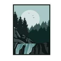 waterfall and pine forest illustration vector