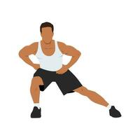 Man doing standing adductor or adduction stretch exercise. vector