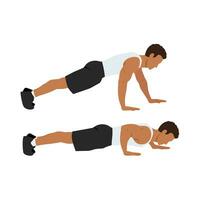 Man doing staggered hand push up exercise. vector