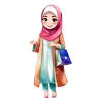 ai généré charmant islamique mignonne femme accro du shopping frappant une pose avec achats sac isolé transparent illustration png