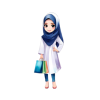 ai généré islamique délice de mignonne hijab fille exprimer joie avec branché achats sac isolé transparent illustration png