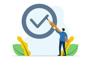 Checklist concept, Businessman is checking list, Business checklist control, businessman holding pen and doing checklist, Survey, quiz, task list or agreement. flat vector illustration on background.