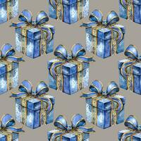 Seamless pattern with Christmas and New Year gifts. watercolor. Gray, blue, gold color photo