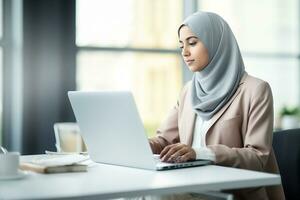 AI generated Portrait of Muslim Businesswoman Wearing Hijab Works on Engineering Project Does Document and Blueprints Analysis. Empowered Digital Entrepreneur Works on eCommerce Startup Project photo