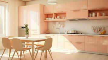 AI generated Interior with a delicate peach color. Peach-colored kitchen Interior design photo