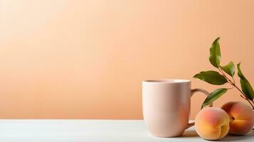 AI generated Mug and peach on a soft peach color background. Color of the year photo