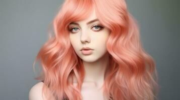 AI generated Portrait of young woman in soft Peach Fuzz pastel colors with natural make-up photo