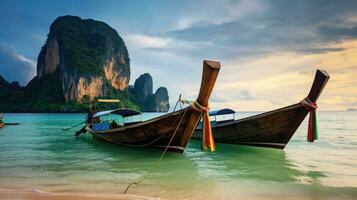 ai generado tailandés tradicional de madera cola larga barco y hermosa arena playa, tailandia foto