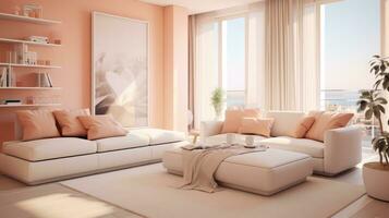 AI generated Peach fuzz is the color of the year 2024. Interior with a delicate peach color. photo
