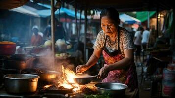 AI generated Thai woman cooking food on the street. Asian thai local street food photo