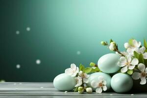 AI generated Pastel perfection Easter background with eggs, feathers, and glitter photo