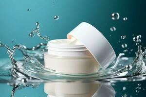 AI generated Modern skincare mockup Unbranded cream jar with water splash, blue background photo