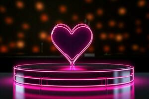 AI generated Love stage Neon heart outlines, pink podium on dark background photo