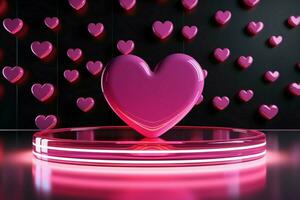 AI generated Radiant love scene Neon hearts, pink podium on reflective background photo