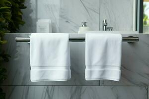 AI generated Bathroom elegance White towel hanging in a marble tiled wall bathroom photo