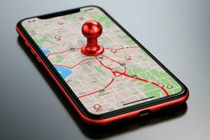 AI generated Digital navigation Smartphone display with 3D red map pointer icon photo