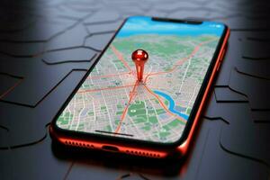 AI generated Location app Smartphone display with 3D red map pointer photo