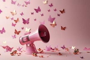 AI generated Celebration announcement Pink megaphone with hearts, stars, butterflies, 3D render photo