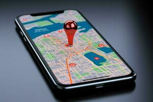 AI generated Digital navigation Smartphone display with 3D red map pointer icon photo