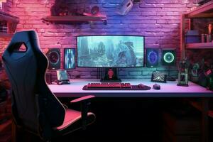 AI generated Digital immersion 3D render of gaming setup with neon lights photo