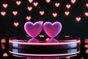 AI generated Love presentation Neon hearts, pink podium on dark reflective background photo